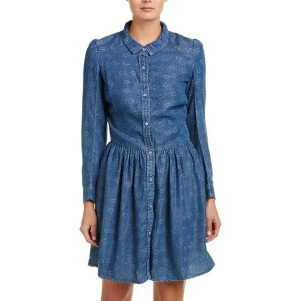 The Kooples Denim Shirt Dress Pearl Button Blue Floral Size XS